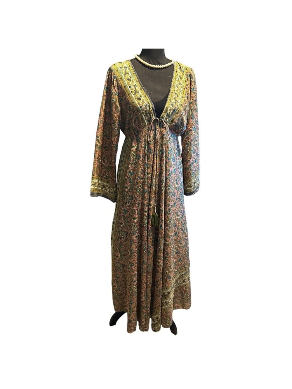 Zury Bohemian Paisley Maxi Dress V Neck Tie Waist Free High Low Long Sleeve Silk